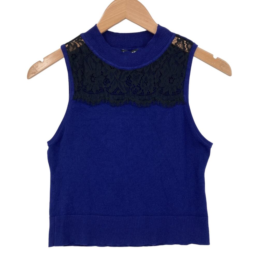 Express Knit Top Womens Small Navy Rayon Casual Sleeveless Mock Neck Lace Trim